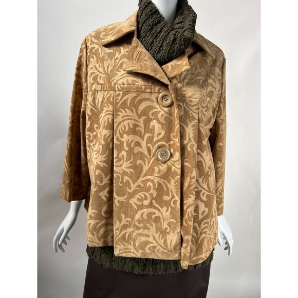 R.Q.T. Womens 1X Printed Corduroy Jacket Button Closure Beige & Brown Polyester - Picture 4 of 16